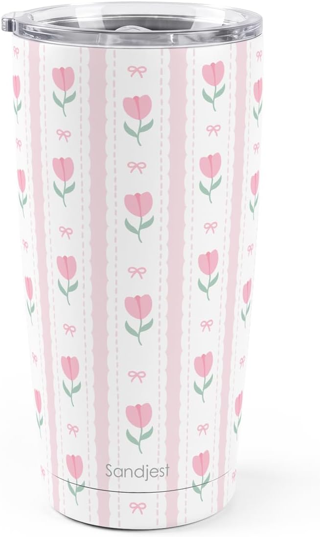 SANDJEST Tulip Tumbler 20oz, Stainless Steel Travel Cup with Lid, Insulated Coffee Mug, Tulip Gifts for Women Girls Friends Sisters on Birthday Christmas