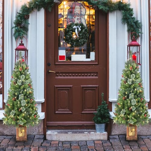 Pre-lit Artificial Christmas Tree 4ft, 256 Branches Tips Potted Decorated Pine Xmas Tree with LED Lights & 12 Red Berry & 12 Pinecone for Indoor Outdoor - Image 3