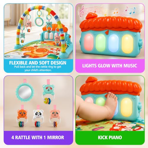 Image of Kidsmate Little Explorer Play Gym Mat for Babies 0 to 12 Months, Kick and Play Piano Baby Gym, 4 Hanging Rattles & Mirror, Tummy Time Activity Play Mat, Newborn Toys Gift for Baby Boys and Girls
