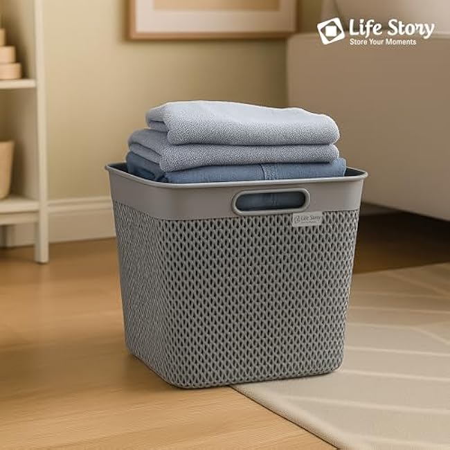 Life Story Extra Large Storage Basket, Decorative Plastic Home Organizer, Lightweight Versatile Tub with Built-In Handles, 26 Quart, Gray