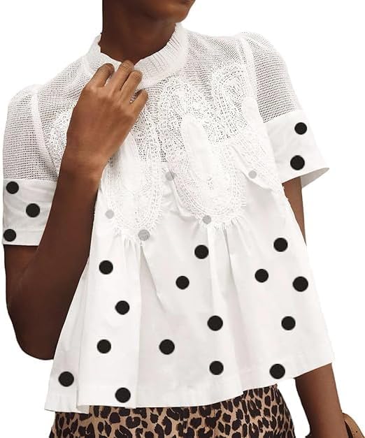 VAOYIU Women Lace-Detail Flared Blouse Short-Sleeve Crew Neck Lace Poplin Mesh Swing Top Elegant Loose Intricate Back Design