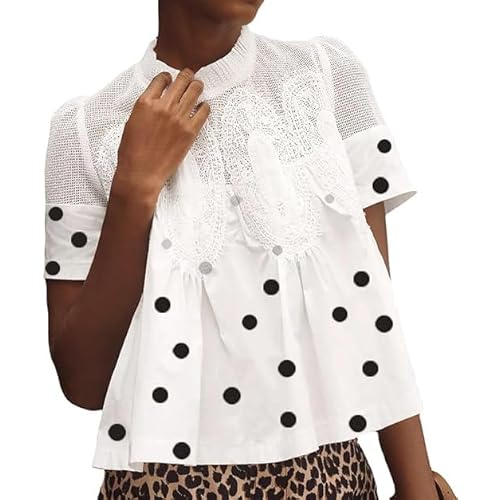 VAOYIU Women Lace-Detail Flared Blouse Short-Sleeve Crew Neck Flowy Mesh Swing Top Casual Dressy Shirt for Work Office