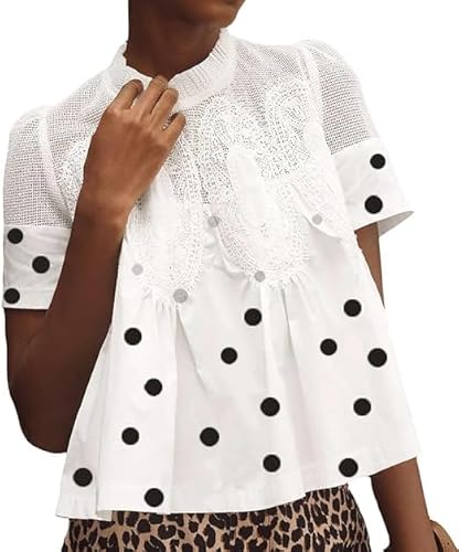 VAOYIU Women's Polka Dot Short Sleeve Top with Lace Detail
