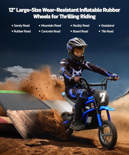 Image of ELEMARA Electric Dirt Bike,350W Motorcycle 24V Ride on Toy for Big Kids w /LED Power Display,15.5 mph & 150lb Max,3 Speeds,Chain-Driven Motor,Twist-Grip Throttle & Brake Lever,12 inch Air-Filled Tires-Blue