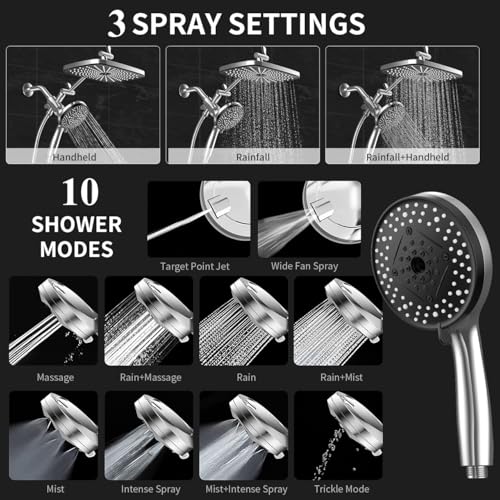 Image of High Pressure Shower Head with Handheld, Upgrade Rain Shower Heads with Fixed Showerhead Combo, 10 Sprays Handheld Shower Head Built in Power Jets, 71 inch Long Hose, Chrome Silver