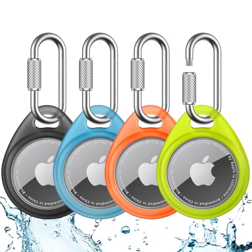 UNBREAKcable Holder for Apple AirTag (4 Pack) - TPU Protective Case with 304 Stainless Steel Twist Lock Carabiner Clip Anti-Lost Waterproof Snug Fit Anti-Scratch 4 Colours