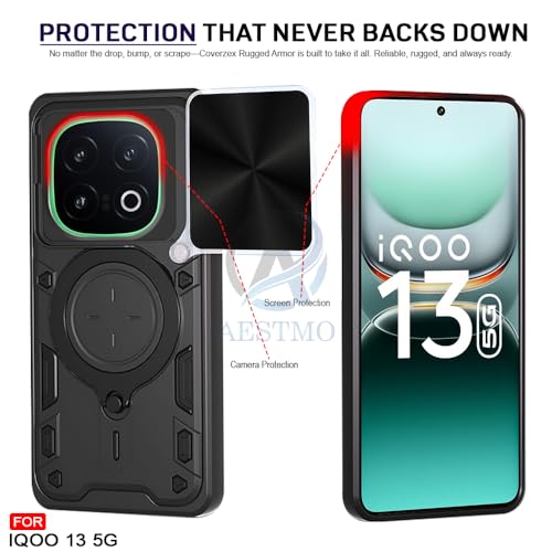 Image of AESTMO Armor iQOO 13 5G Bumper Back Case Cover | Ring Holder & CD Pattern Sliding Camera Shutter Cover | 360 Degree Protection Back Case Cover for iQOO 13 5G (Black)