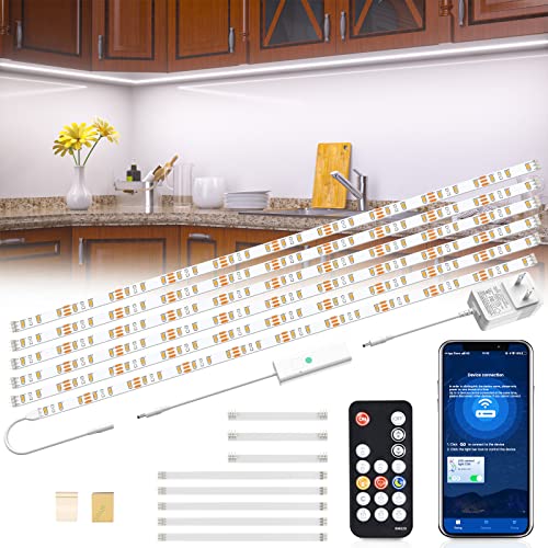 wobsion Led Lights for Kitchen Under Cabinet, 6 PCS Bluetooth and IR Remote Control Under Cabinet Lights Plug in,Dimmable White Strip Lights for Counter,Cabinet,Closet,Timming On/Off,Bright 1500lm
