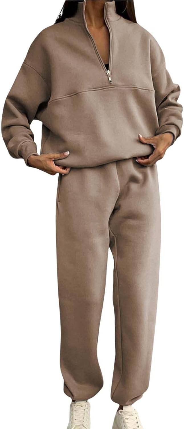 Trainingspak voor dames, lange mouwen, ronde hals, effen, tweedelige outfit, joggingpak, set sweatshirt & joggingbroek, yoga-sets, 2 stuks sportpak met zakken, legergroen, 3XL