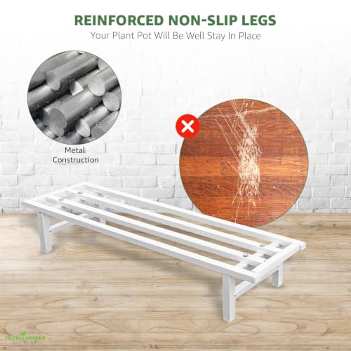 Image of Anandi Green's White Heavy Duty 1 Tier Metal Plant Stand for Grow Bags Planters and Pots Rust Resistant Plant Pot Holder Rack for Outdoor Balcony Indoor Living Room and Garden Supports Up to 100 kg