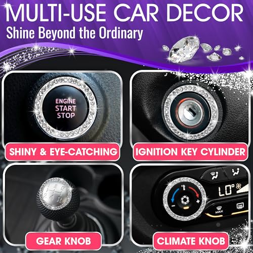 Car Bling Push Start Button Cover – Durable Zinc Alloy Bling Ring Sticker with Crystal Rhinestones, Fits Most Engine Start Stop Decoration for Car Interior Accessories, Tool-Free Installation, Silver - Thumbnail 7