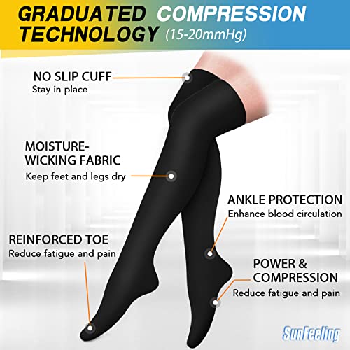 Sunfeeling 3 Pairs Thigh High Compression Socks For Women Men Circulation Over The Knee Stockings - Best Support For Running,Nursing,Black,S/M #TOP3