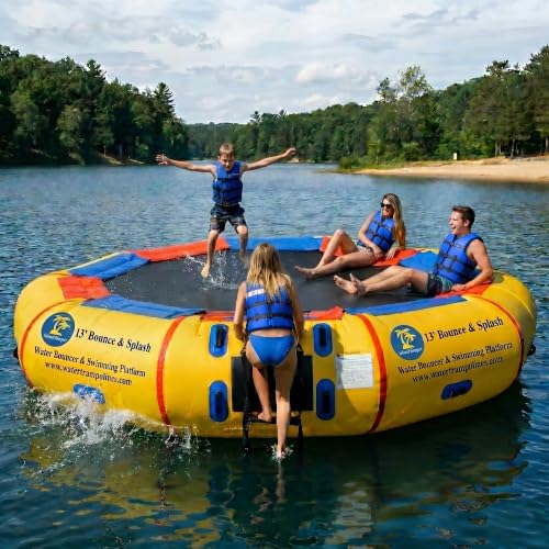 Island Hopper 13' Bounce N Splash Padded Water Bouncer – Durable Inflatable Trampoline – Spring-Less Design with Foam Padding – Water Trampoline for Lake Supports 500 lbs