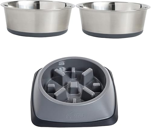Gorilla Grip Juego de 2 cuencos para perros y cuencos para perros de alimentación lenta, cuencos para mascotas, 4 tazas, acero inoxidable, 2 tazas