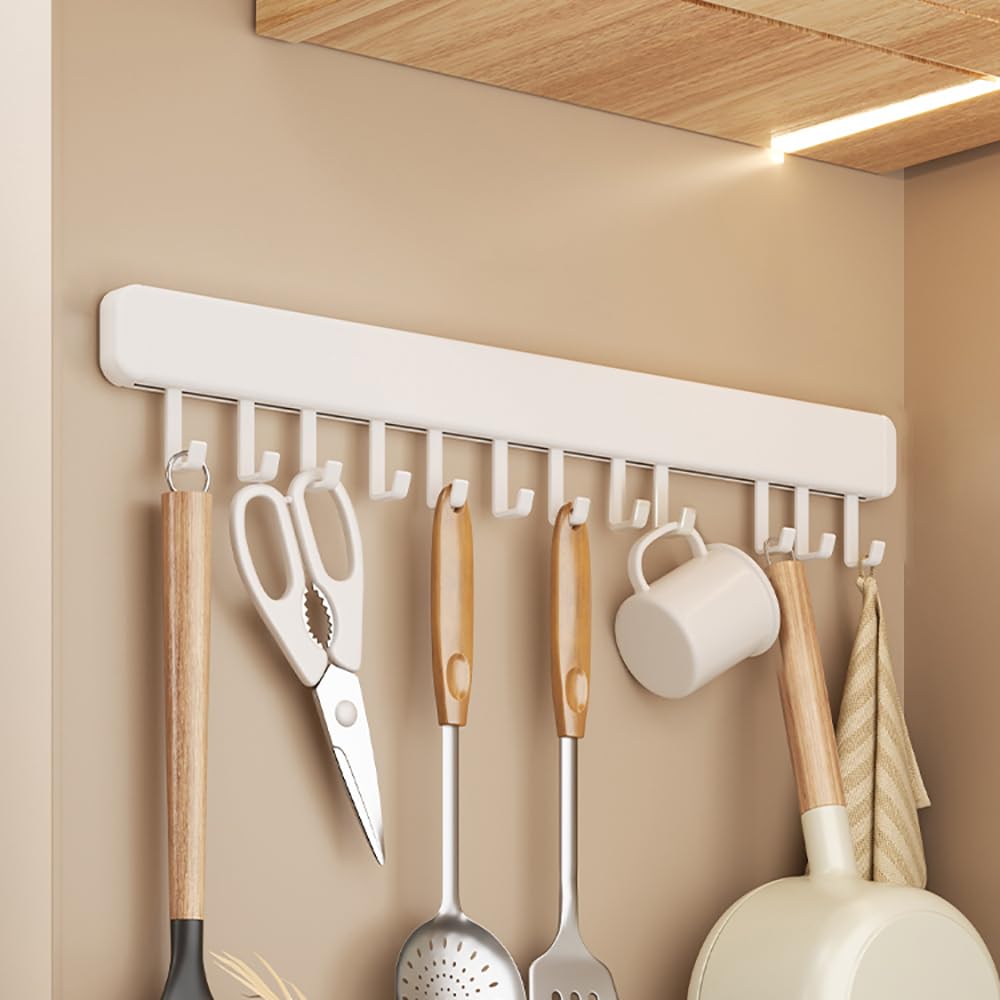 Xyagyund White Hanging Pot Rack, Kitchen Utensils Holder,Utensil Hanging Racks Wall Mounted,Self Adhesive Under Cabinet Tools Hanger Organizer Hook Punch For Bathroom(,With 12 Hooks 60Cm)
