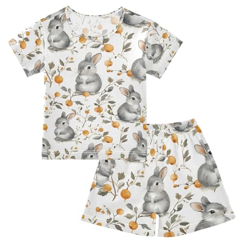 ALAZA Bunny Berry Rabbit Animal Pajamas Set Short Sleeve Cotton Sleepwear Summer Pjs 2 Piece 5-14Y