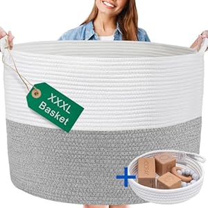 XXXL WASHABLE Large Blanket Basket 85L 2PCs Handmade Decorative Woven Baskets for Storage – Soft Durable XXX Large Cotton Rope Blanket Storage for Living Room, Toys, Organizer 22″ x 14″ (Grey/White)