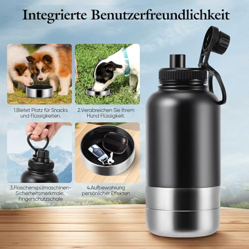 Trinkflasche Hunde 4 in 1, Isolierflasche aus Edelstahl, Hundezubehör für Reise, BPA-Frei, Wassernapf und Futternapf