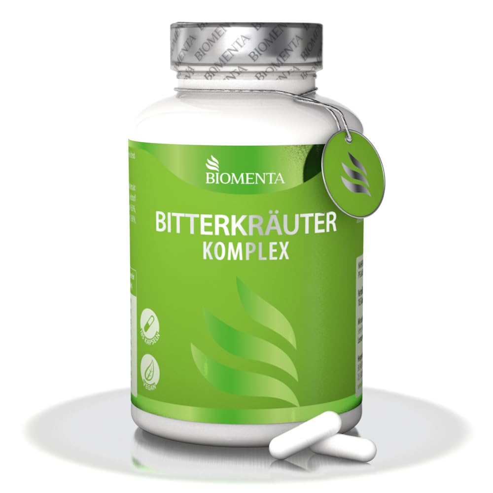 BIOMENTA Bitterkräuter Komplex - 185 hochdosierte, synergetisch zusammengestellte Bitterstoffe Kapseln mit 7 Bitterkomplex - ohne Alkohol + vegan - Premiumqualität