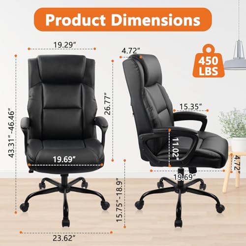 CLATINA Leather Executive Office Chair, Heavy Duty Tall Chair, Ergonomic Desk Chair with Lumbar Support and Padded Armrestes, Computer Task Chair for Home, Office, Dresser, Bedroom, Black, 450LBS