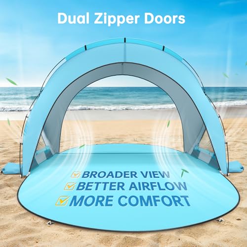Image of Raynesys Beach Tent Sun Shelter for Sand Camping, 1-4 Person, Light Blue | Beach Shade Tent with UPF50+ UV Protection, Portable Sun Shelter, Shade Tents with 2 Zippered Doors