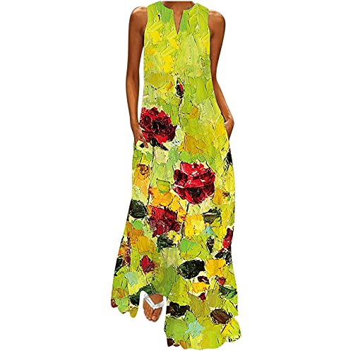 Peigen Women Summer Dresses Vintage Maxi Dress with Pockets Floral Print Sleeveless Maxi Dress for Women Casual Long Dress, Gold, XX-Large