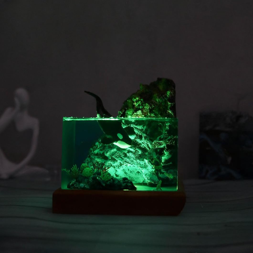 Handmade 3D Ocean Resin Lamp - USB-powered wooden base resin ocean night light, adjustable lamp, men's office decoration, living room and bedroom decoration, suitable for vacation (8*8*8cm)