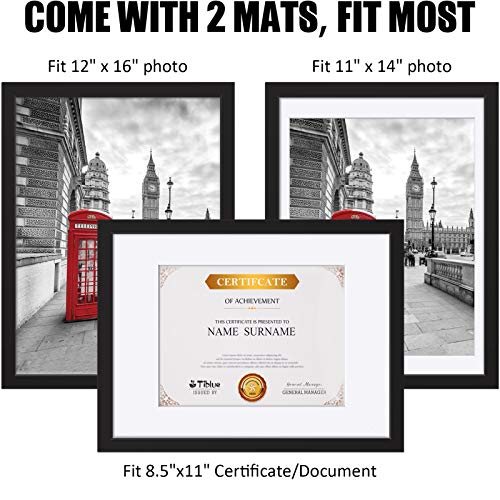 12x16 Picture Frames Made of Solid Wood Display Pictures 11x14 or 8.5x11 Diplomas with Mat or 12x16 Frame without Mat - Picture Frame for 11x14 Black With 2 Mats for Wall Mounting or Table Top Display - Thumbnail 3
