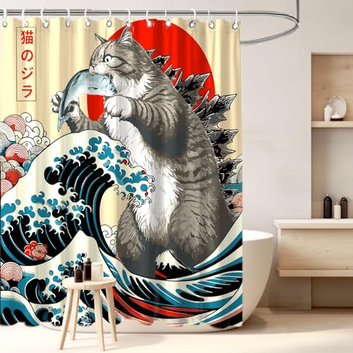 Image of Funny Japanese Cat Shower Curtain, Vintage Cat Eating Fish Japan Art Anime Sunset Wave Waterproof Shower Curtain with Hooks, Animal for Kids Fabric Shower Curtains Bathroom Decor 72X72inches