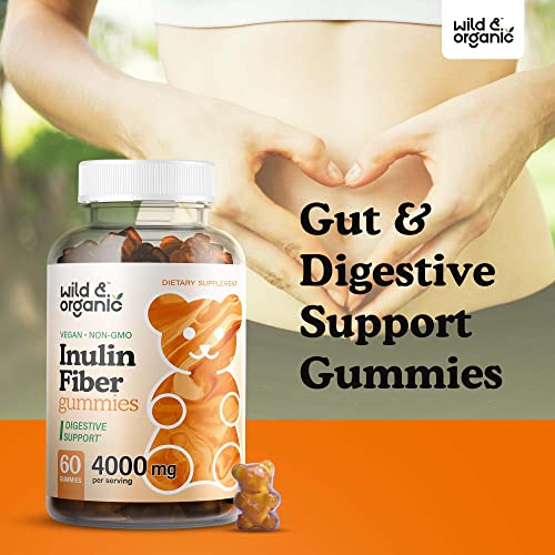 Wild & Organic Inulin Fiber Gummies - Inulin Fiber Supplement Gummies For Digestion Health - Prebiotic Fiber Gummies For Adults From Organic Chicory Root - Vegan, 4000Mg, 60 Chews #TOP2