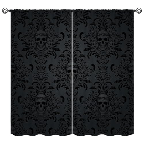 Halloween Curtains for Living Room Skull Spooky Moody Skeleton Gothic Treatments Drapes for Bedroom Indoor Outdoor Event Party Decor 42 W X 45 L