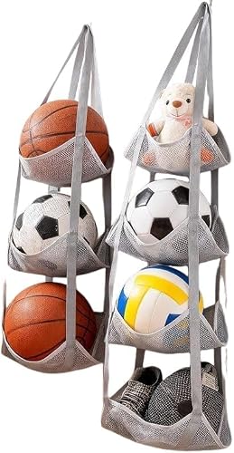 ボールホルダー ウォールポケット 3段/4段 省スペース 吊り下げ収納 壁面収納 ボール置き サッカーボール バスケットボール ガレージ ぬいぐるみおもちゃ収納ボックス コレクション 見せる収納 玄関 (3段タイプ,グレー) [並行輸入品]