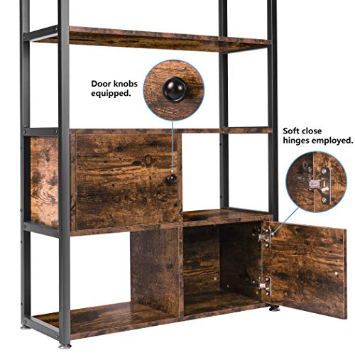 Becko US Bookshelf with 2 Cabinets Vintage Industrial Display Bookcase with Doors Storage Rack Shelves for Living Room Office Entryway Hallway (Rustic Brown)