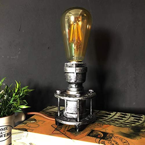 Petite lampe de table industrielle avec culot E27 pour chambre à coucher, chevet, lecture, style steampunk vintage argenté avec tuyau d'eau rustique,...