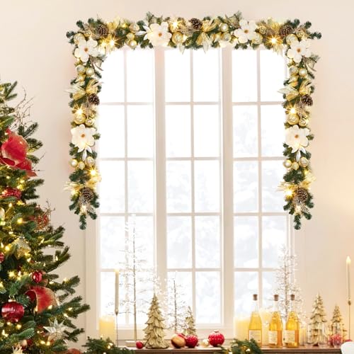 Prelit 6 Ft Christmas Garland with Lights - Battery Operated, Waterproof, Lighted for Mantle, Stairs, Table - White & Gold