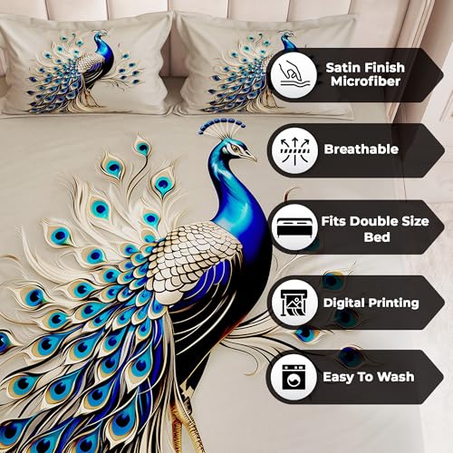 Image of 240 TC Cotton Double Bedsheet for King Bed (225x250 Cm) | 7D Digital Printed Double Bedsheet with 2 Pillow Covers | Soft, Wrinkle Packaging - Peacock