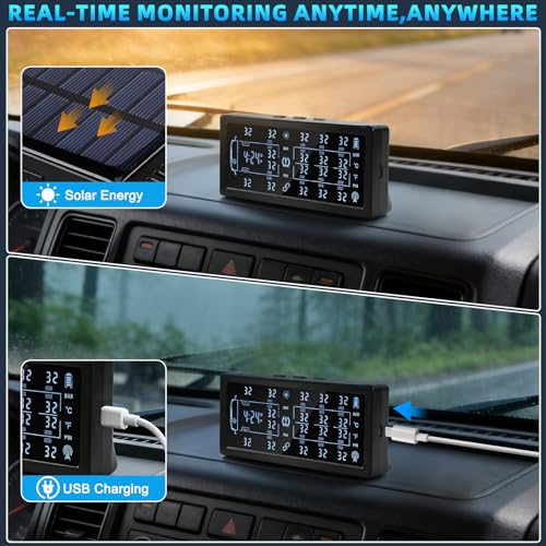 Liwogi TPMS Reifendrucküberwachungssystem für LKW mit 12 Externen Reifendrucksensor Solar Reifenkontrollsystem für 10/12 Rad Van SUV Trailer ELV mit Signalverstärker, 0-13Bar/199Psi