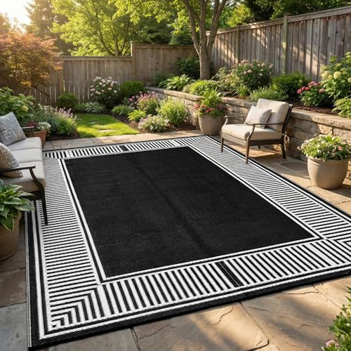 GAOMON Large Outdoor Camping Rug 9x18 Modern Bordered Reversible Outdoor Carpet Foldable Retro Plastic Straw Rug, Portable Outside Patio Rugs Floor Ma