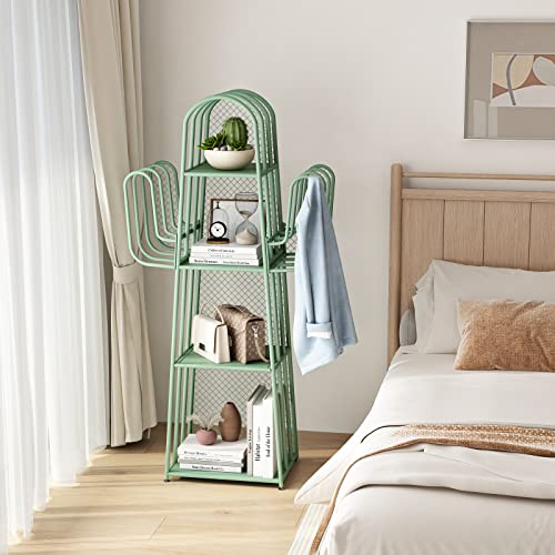 Doorxif 4-Tier Ladder Bookshelves Freestanding, Cactus Bookcase 4 Cube Storage Organizer Closet Corner Metal Display Cabinet, Corner Green Bookshelf For Small Spaces, Green Bookcase For Bedroom Office #TOP4