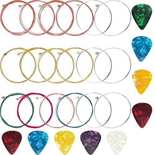 Juego de 3 cuerdas de repuesto para guitarra acústica, accesorios de engranaje de acero con 9 púas de guitarra de celuloide para guitarra eléctrica, guitarra acústica, ukelele, guitarra folk