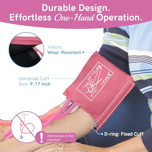 Image of FriCARE Rose Pink Blood Pressure Cuff Manual for Nurses /Nursing Students | Aneroid Sphygmomanometer for Home BP Monitoring & Medical School Training Use, Universal Adult Size with Carrying Bag