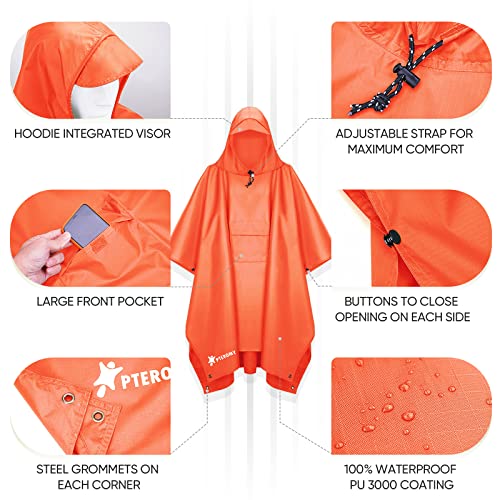 Image of PTEROMY Hooded Rain Poncho for Adults, Reusable Waterproof Raincoat