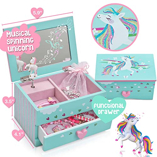 Amitié Lane Unicorn Musical Jewelry Box For Girls - Unicorns Gifts For Girls - Music Box For 5 Year Old Birthday Gifts Or Ages 6, 7, 8, Kids Jewelry Box, Unicorn Bedroom Decor For Little Girl (Mint) #TOP3