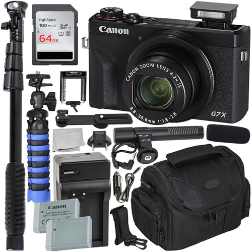SSE Canon PowerShot G7 X Mark III Digital Camera (Black) Complete YouTube Vlogging Bundle with Mic, 64GB Memory Card, Extra Battery, Charger, Tripod & Travel Case (Renewed)