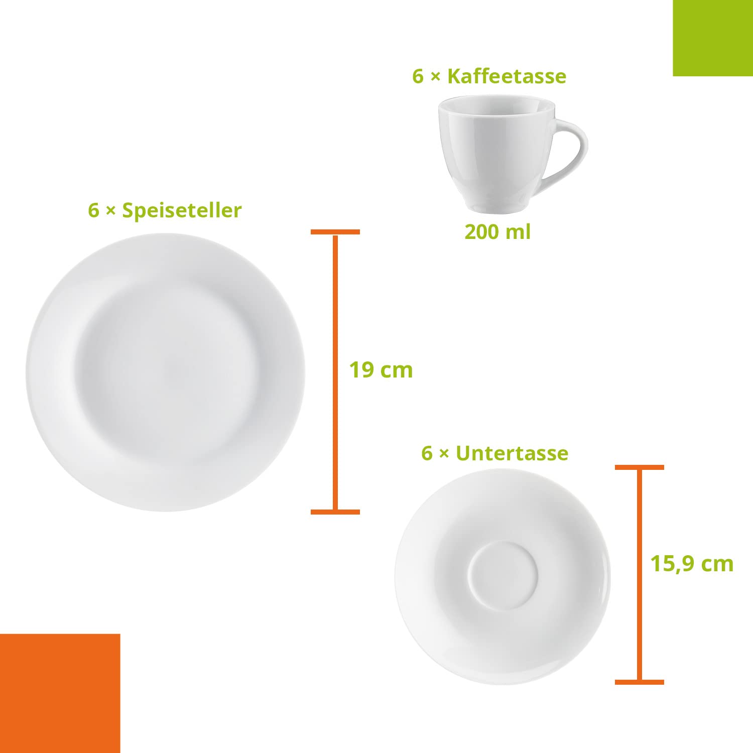 Level One | Kaffeeservice aus Porzellan | 18-teiliges Geschirrset für 6 Personen | Zeitloses, klassisches Design | Porzellan in Weiß | Kaffeetassen, Untertassen & Dessertteller