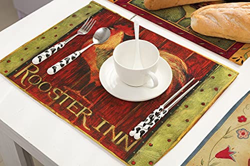 Jewelry-Box Set Of 6 Animal Theme Pattern Washable Dining Table Mats Non-Slip Heat Resistant Cotton Linen Placemats (Retro Rooster 1) #TOP4