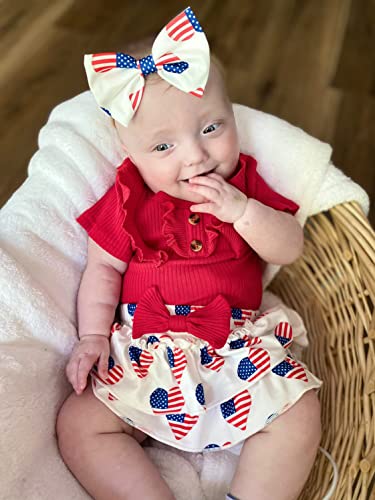 HIHA Baby Girl 4th of July Outfit Short Sleeve Bodysuit American Flag Ruffle Shorts Clothing with Headband3