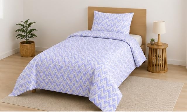 Image of 210 TC Glace Cotton Soft Cotton Zig Zag Design Flat Queen Size 60x90 inches Bedsheet Set - Lightweight & Durable 1 Bed Sheet with 1 Pillowcase 17x27 inches Blue