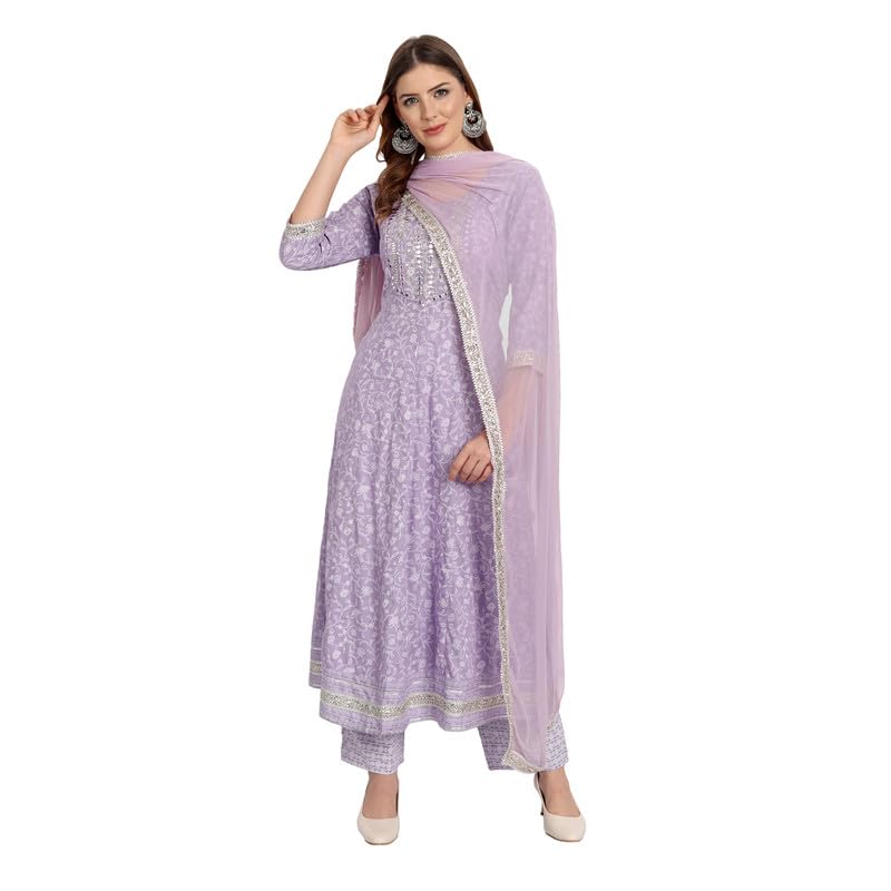 Image of NASRO Women's Viscose Rayon Printed Embroidered Round Neck 3 /4th Sleeves Anarkali Kurta & Pant Suit Set /Salwar Suit Set (Purple)