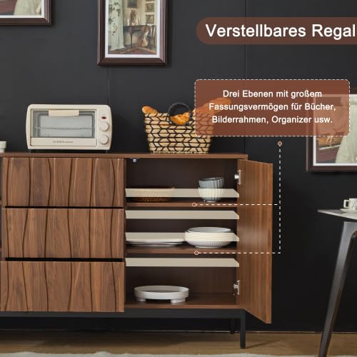 Merax Sideboard 150 cm Eiche Dunkel – Multifunktionale Kommode mit 3 Schubladen, Verstellbaren Regalen und Anti-Kipp-Funktion für Wohnzimmer, Küche, Eingangsbereich – Mid Century Modern Design